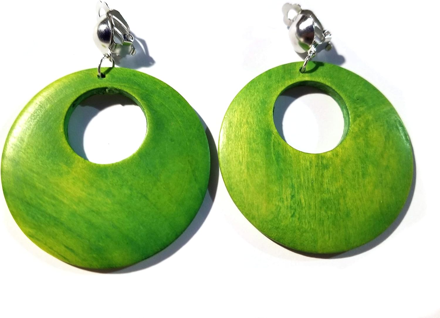Clip-on Earrings Bohemian Wood Assorted Colors 2.5 inch Hoop Circle Hoop Silver Clip