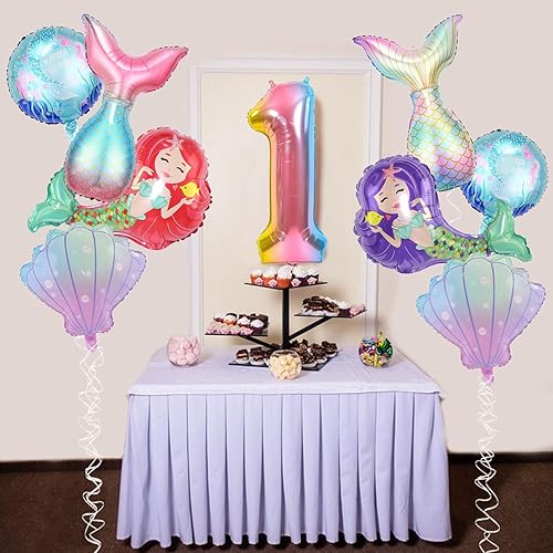 Miniatura 4 de 9 globos grandes de papel de aluminio con cola de sirena de color número 1 para niñas, cumpleaños, baby shower, sirena, primer cumpleaños,