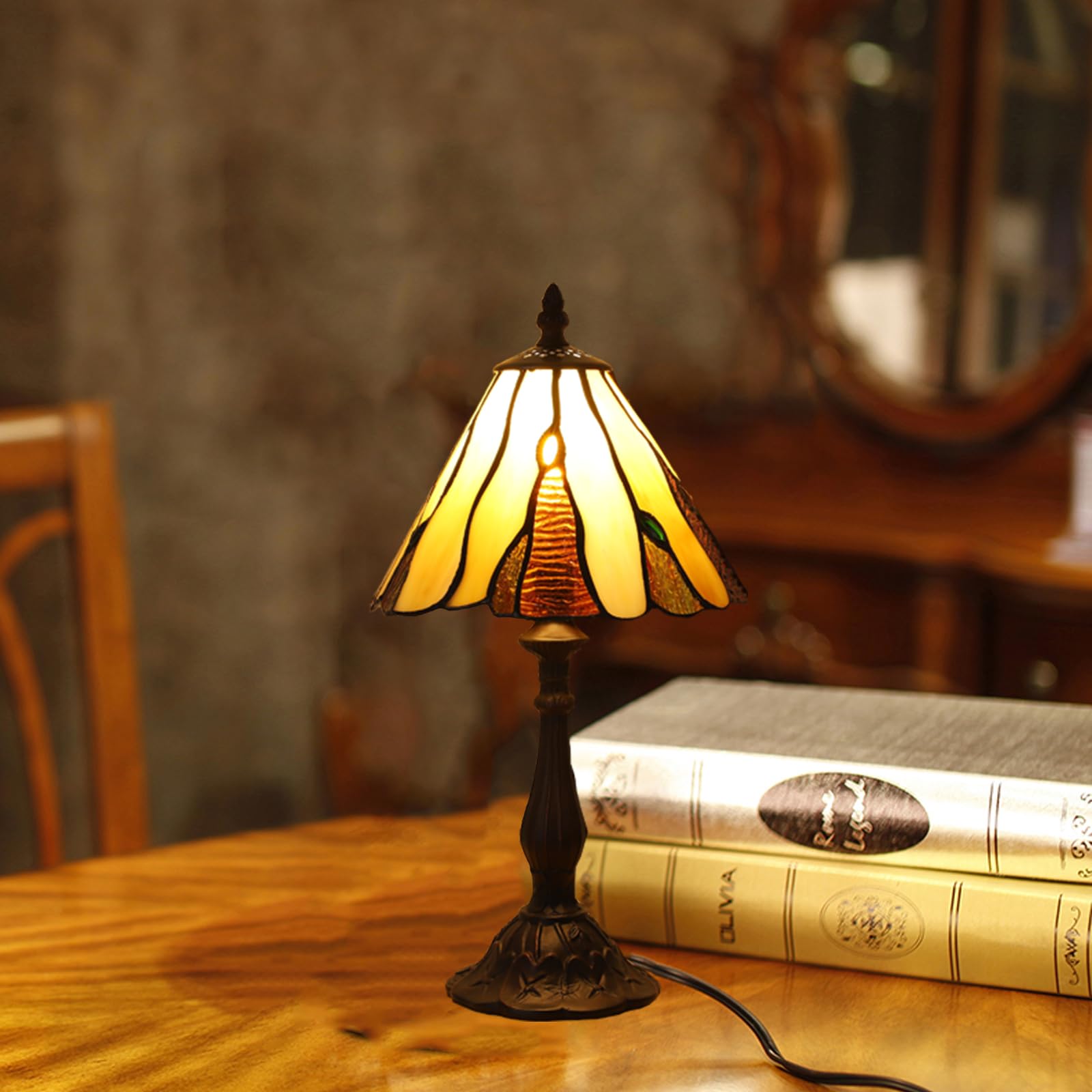 Tiffany Tischlampe, Vintage Glaslampenschirm, Dekorative Nachttischleuchte, Antik Bronze Tischleuchte mit E14 Fassung
