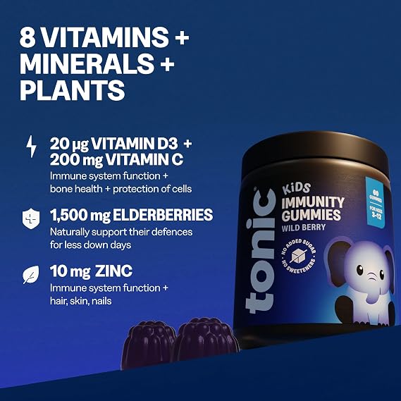 Tonic Health Kids Immunity Gummies - 7 in 1, Elderberry Gummies, No Added Sugar, No Sweeteners, Vitamins C, D and Zinc, Wild Berry Flavour, Month Supply (60 Count), Ages 3-12, Vegan.