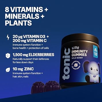 Tonic Health Kids Immunity Gummies - 7 in 1, Elderberry Gummies, No Added Sugar, No Sweeteners, Vitamins C, D and Zinc, Wild Berry Flavour, Month Supply (60 Count), Ages 3-12, Vegan.
