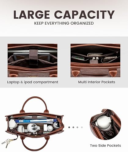 Miniatura 2 de LOVEVOOK Bolsa para laptop para mujer, bolsa de trabajo de cuero vintage de 15.6 pulgadas, bolsa de mano para laptop impermeable, maletín de oficina