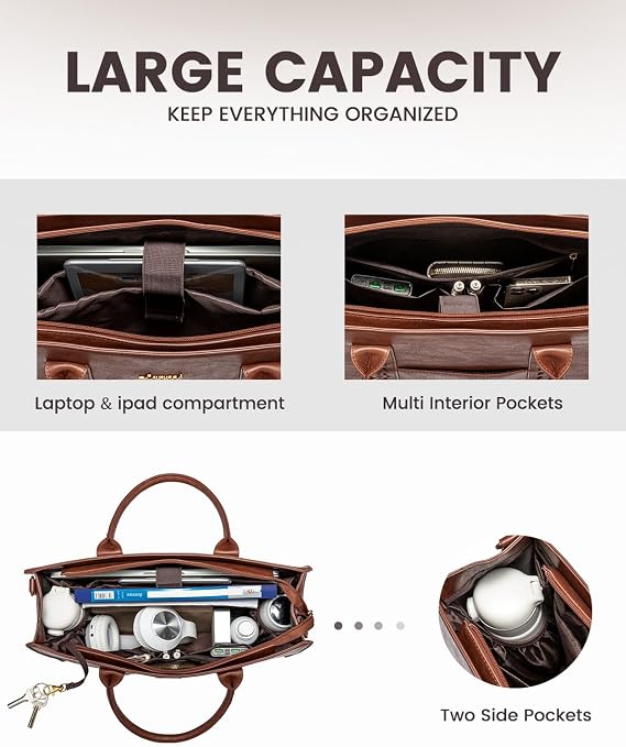 LOVEVOOK Laptop Tote Bag for Women, Vintage Leather Work Bag With Cup Holder, Waterproof Computer Purse, Professional Briefcase Office Shoulder Handbag, 15.6 Inch, Brown