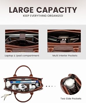 LOVEVOOK Laptop Tote Bag for Women, Vintage Leather Work Bag With Cup Holder, Waterproof Computer Purse, Professional Briefcase Office Shoulder Handbag, 15.6 Inch, Brown