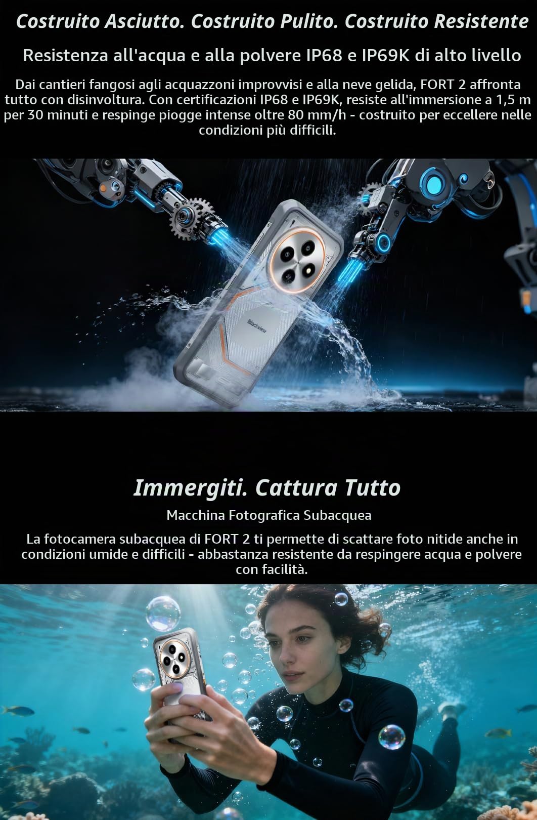 Blackview FORT 2 AI Smartphone Rugged Leggero, Editor di Foto IA, 24GB+256GB, 10,7mm Ultra-sottile, 16MP+13MP, 6,56'' HD+, Telefono Robusto IP68 Antiurto Cellulare, Android 15 DUAL SIM, GPS NFC Nero
