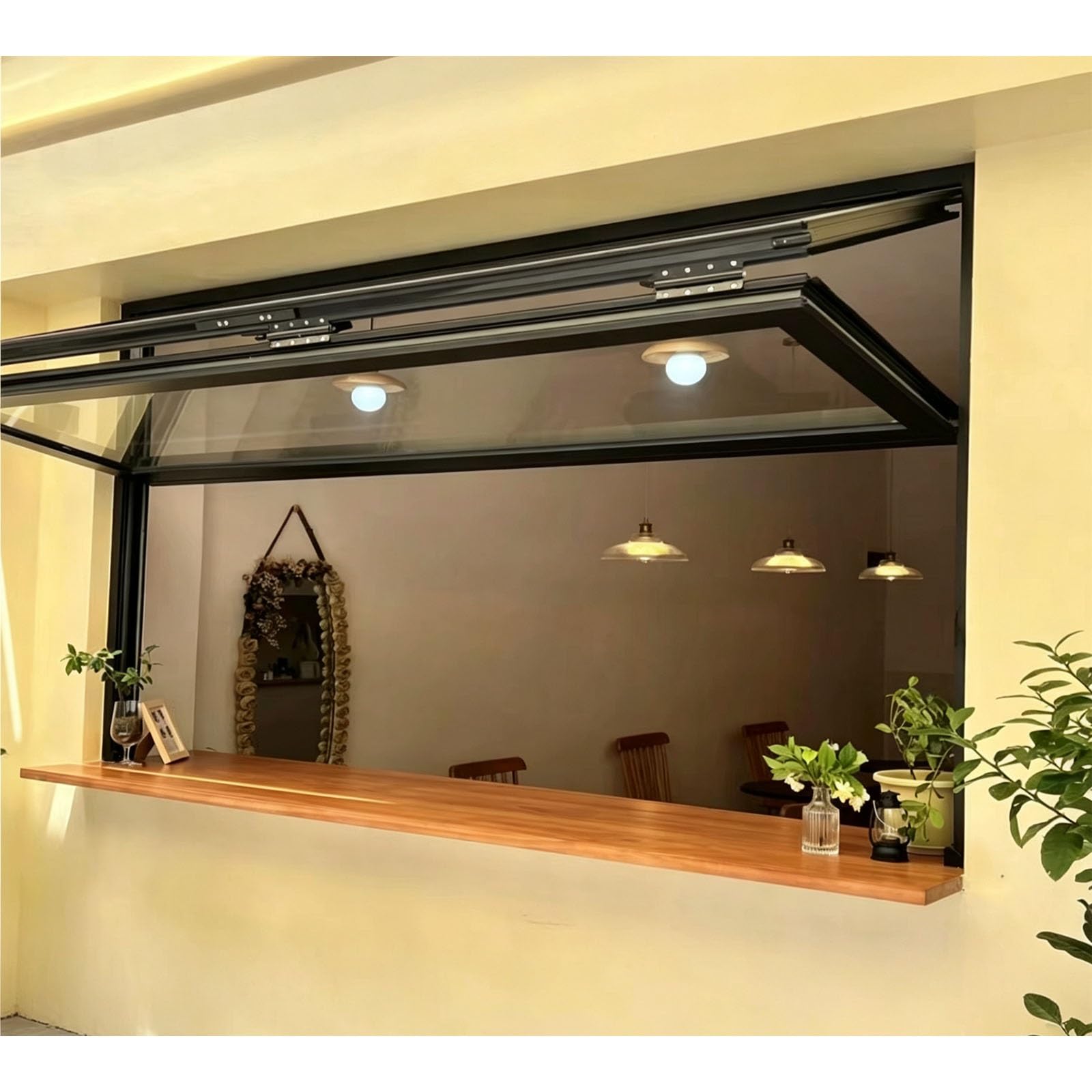 Ventana de servicio premium en vidrio templado negro y marco robusto de 32 x 24 pulgadas