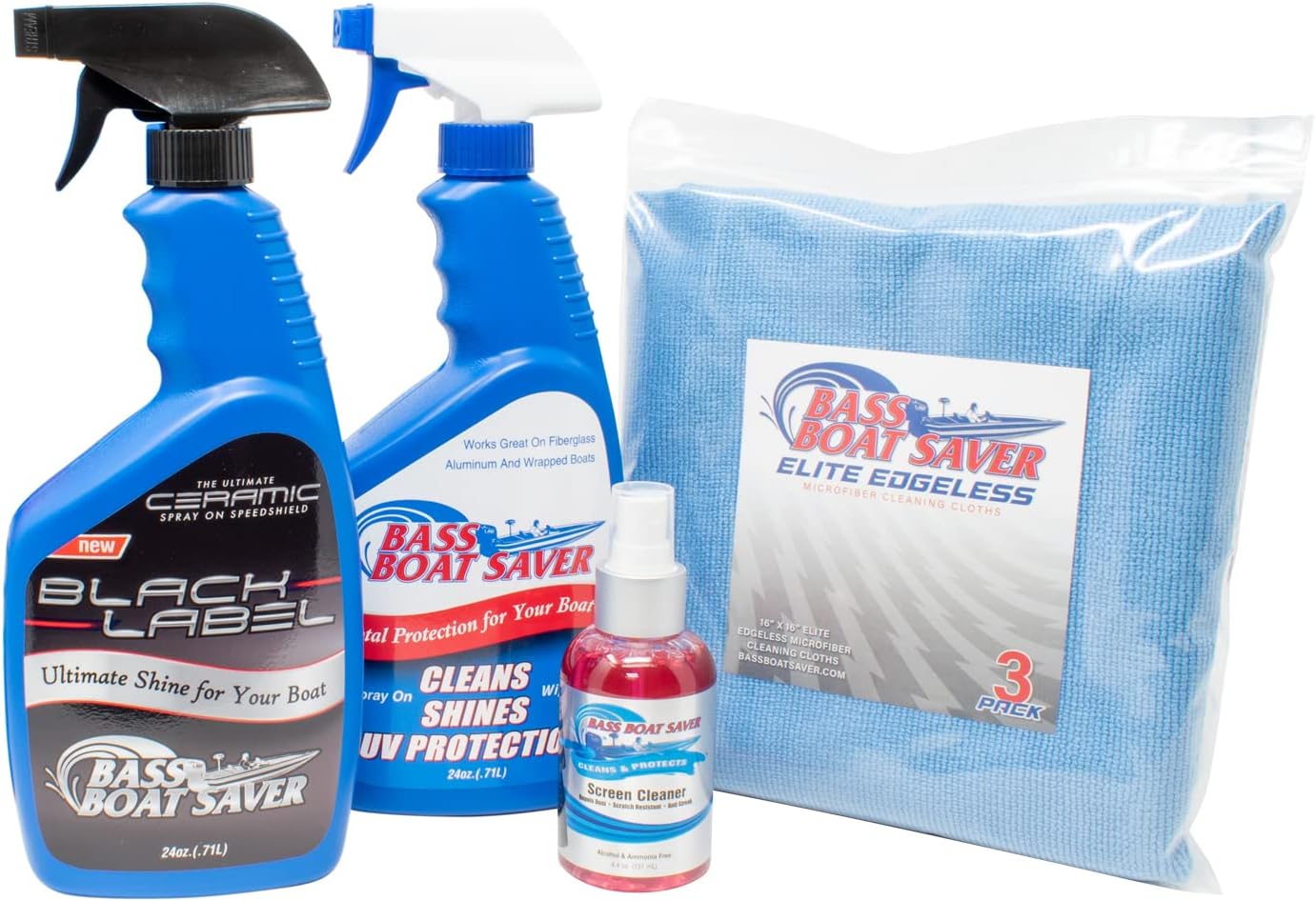 Bass Boat Saver Complete Boat Detail Kit Rapid Hard Water Spot Remover w/High-Gloss UV Wax Protection & Sonar Screen Cleaner - 2X 24oz Spray Bottles & 4.4oz Screen Cleaner