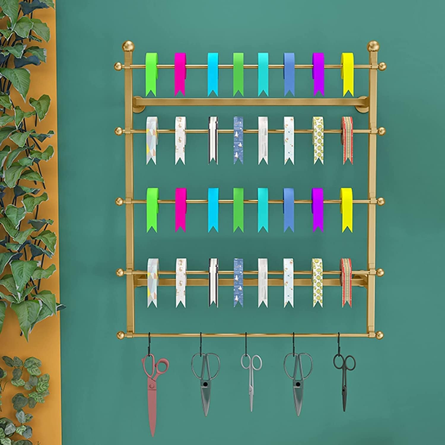 Ribbon Storage Organizers Rack Gold Ribbon Rack Wall Mount, 5-Shelf Sewing Spool Holder with Hooks, Metal Scarf Storage Hanger with Detachable Bar for Shawls Pant Jeans Ties Towel (Size : 100x18x80cm