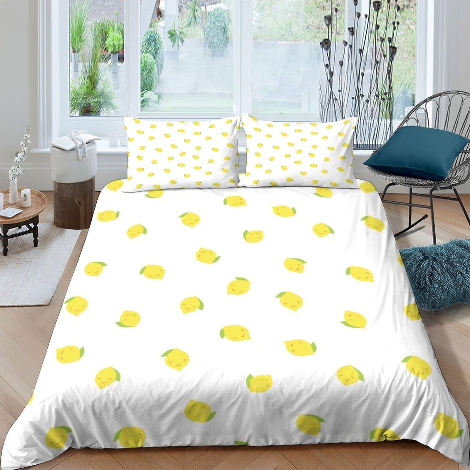 GPLZQXKJNH 3D Printed Lemon Pattern Duvet Cover Microfiber Soft Breathable Fruit Bedding Set with 2 Pillowcases for Bedroom Decor Single（135x200cm）