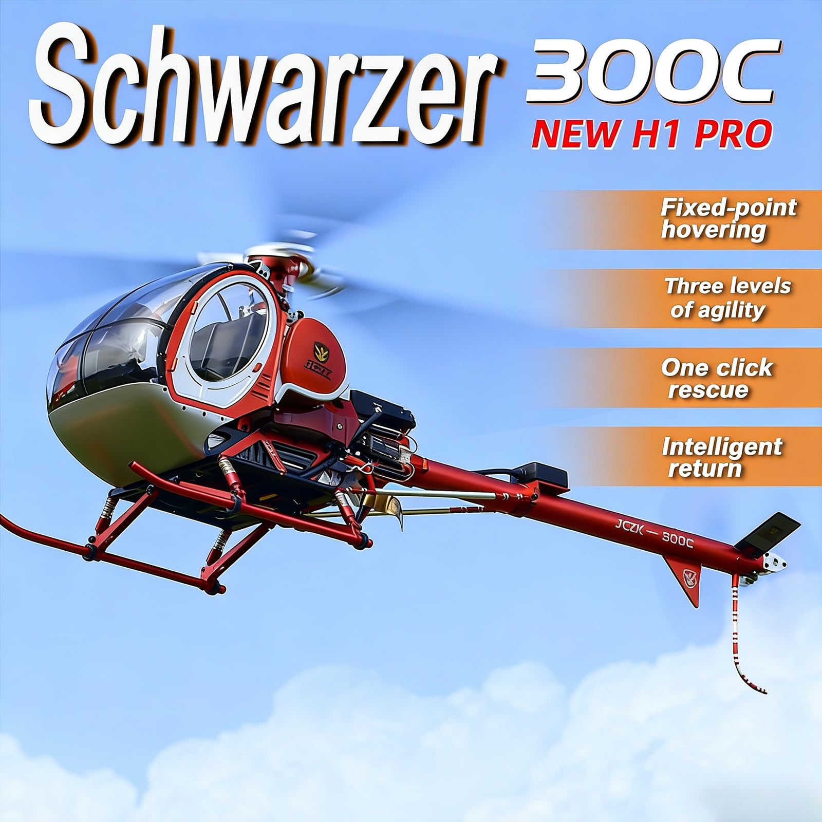 RC-Hubschrauber, 300C PRO 2.4 GHz 3-Blatt-Flybarless-RC-Hubschraubermodell mit 2 Akkus H1 Smart Flight Control GPS-Positionierung zu öffnendem Cockpit Militärflugzeugmodell(Red,Left-hand throttle)