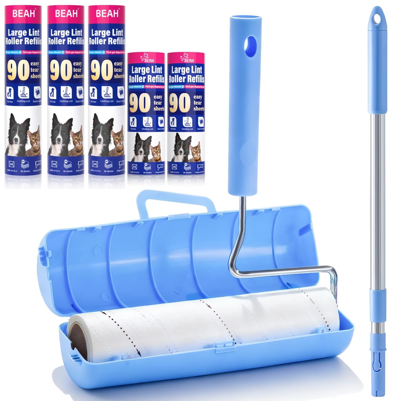 BEAH Grand rouleau anti-peluches extra collant pour poils d'animaux de compagnie, 24 cm, outil d'épilation pour animaux de compagnie (1 rouleau + 3 rouleaux longs, 2 rouleaux courts)