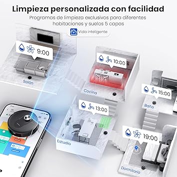Proscenic Q8 Robot Aspirador y Fregasuelos con navegación láser, 6000Pa, 200Min Autonomía, Adaptación Alfombras, Control Vía App Alexa, Siri, IFTTT, Google, para Suelos, alfombras y pelos de Mascotas4