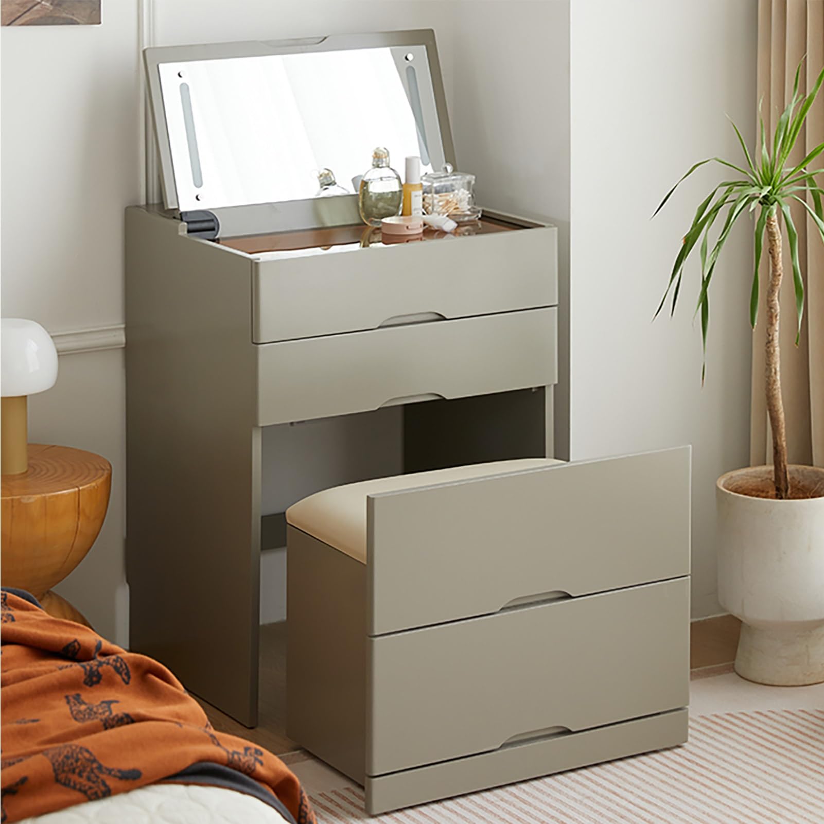 asdchZen White Makeup Vanity Table Set With Flip Top Mirror, Storage Drawers, Cushioned Stool, Space-Saving Dressing Table For Bedroom, 48Cm/18.8In, Stylish & Functional,Grey-48cm/18.8in