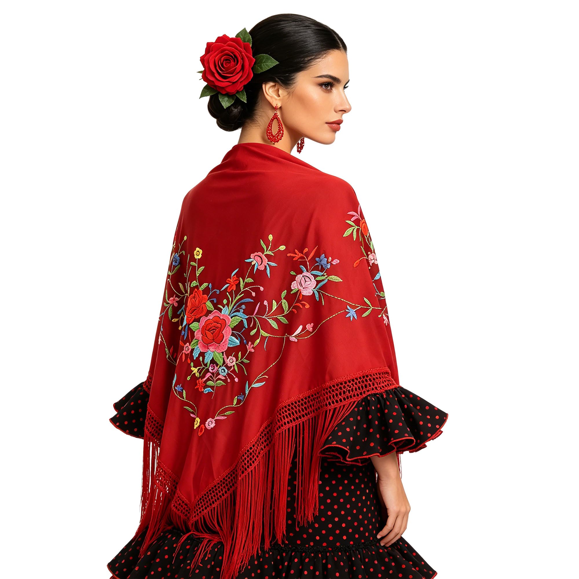 Wildarms Mantón de Sevillana Bordado con Flecos para Flamenco Feria Disfraz Baile Tradicional Mujer