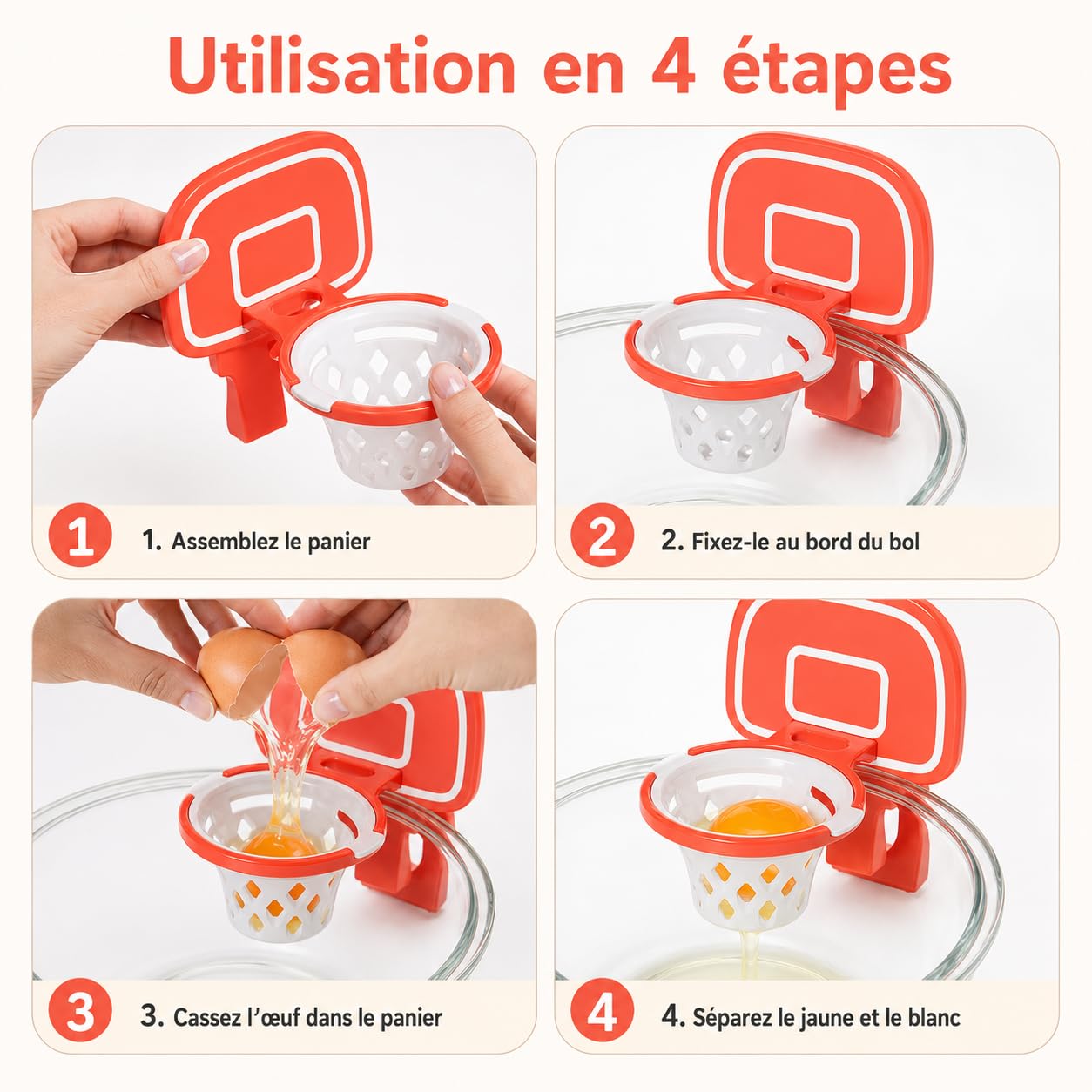 Separateur Oeuf Jaune et Blanc Panier de Basket, séparateur d'œuf,filtre d'œuf Forme de Cadre de Basket-Ball, séparateur d'œuf en Plastique (Orange)