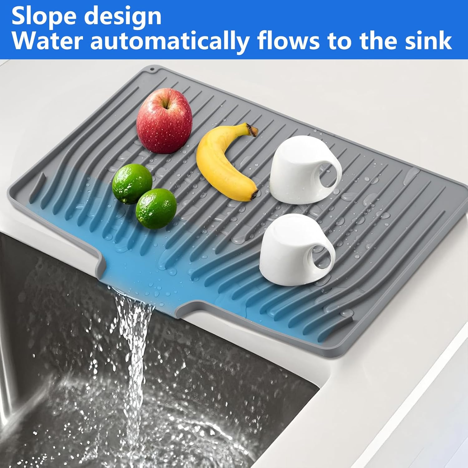 Silicone Dish Drying Mat for Kitchen Counter, Dish Drainer Mat, Non-Slip Drying Pad with Built-in Drain, Kitchen Drying Matt For Counter(18.9" x 11.8", Gray) - Image 3