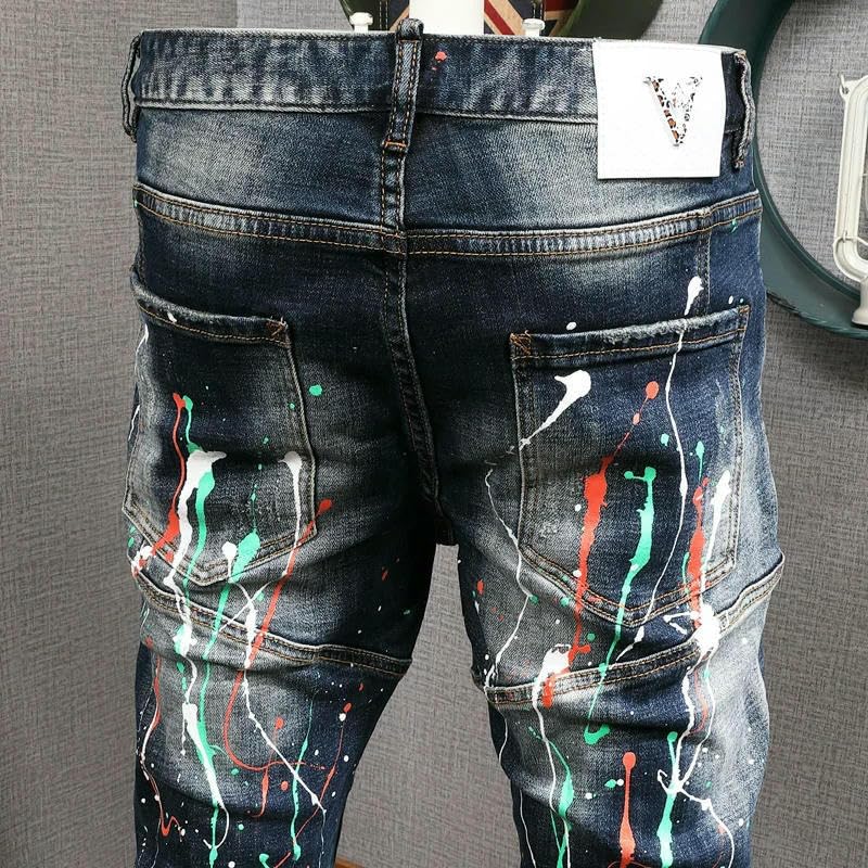 Men Distressed Paint Splatter Jeans Spliced Elastic Slim Ripped Biker ​​Trousers Hip Hop Painted Denim Pants Mens4