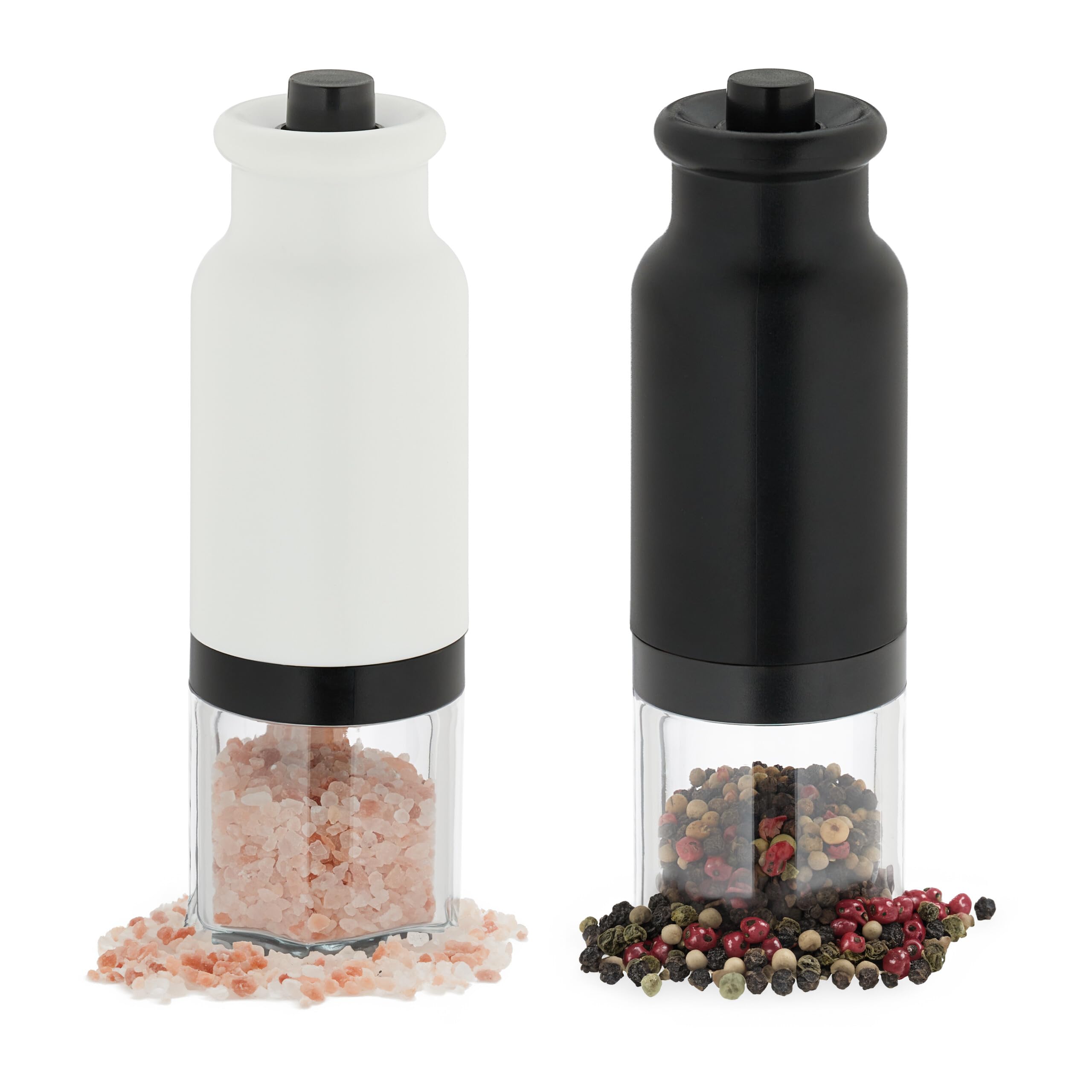 Relaxdays Salt and Pepper Grinder, 2x Set, Kitchen, Season, Herbs & Spices, Shaker, Electronic, LED-light, Black/White