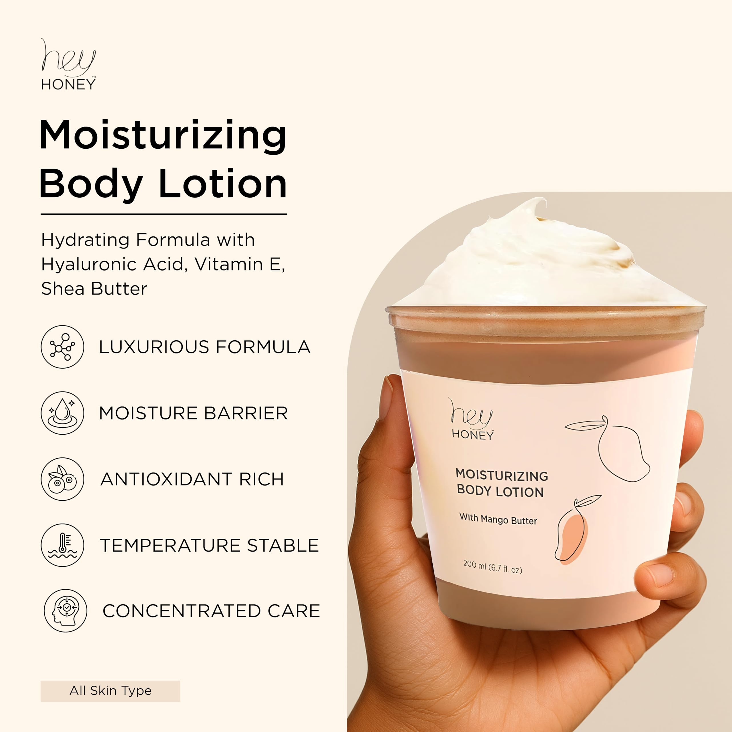 Hey Honey Skin Care Mango & Honey Water-Free Body Lotion - Hyaluronic Acid, Ceramides & Barrier Repair for Hands, Elbows & Dry Sensitive Skin | 24-Hr Hydration, Fruit Enzymes, Cruelty-Free | 6.7 oz