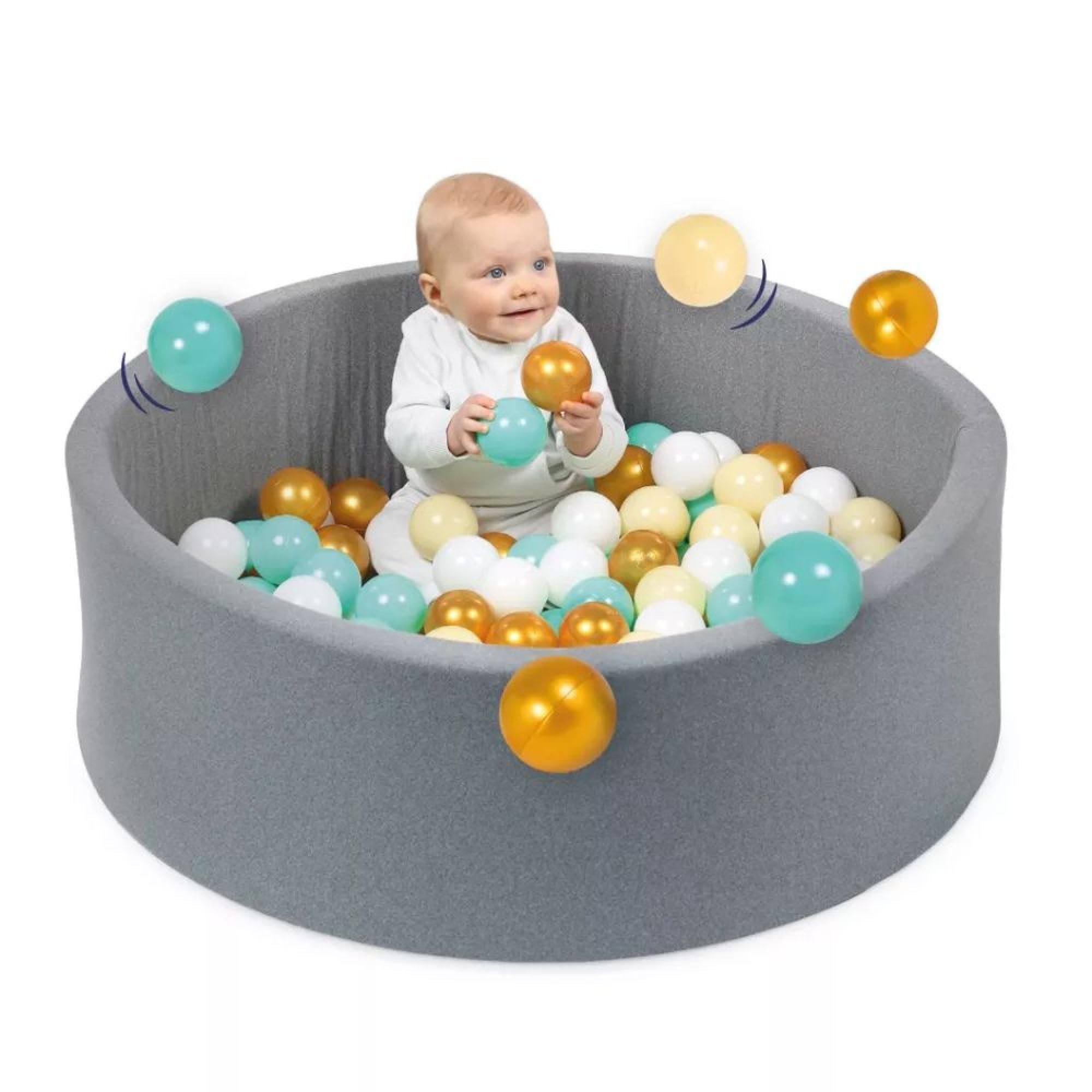 LUDI – Piscina Redonda de Espuma – Ø 90 cm x 30 cm – para bebé Desde 6 Meses – 100 Bolas Incluidas – Tejido Suave y Lavable – Color Gris – Promueve la Movilidad y la coordinación – Fácil de Montar