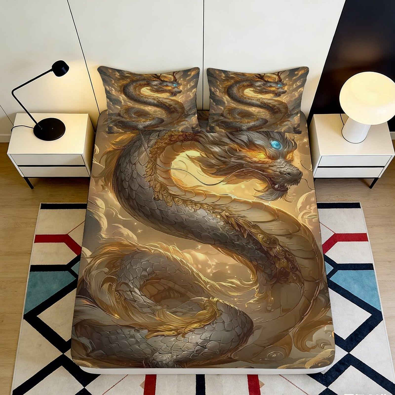 Pnayamiorkfel Style-7 3D Printed Golden Dragon Fitted Sheet Microfiber Soft Artistic Eastern Serpent Bed Cover For Bedroom Decor 90X200x25cm