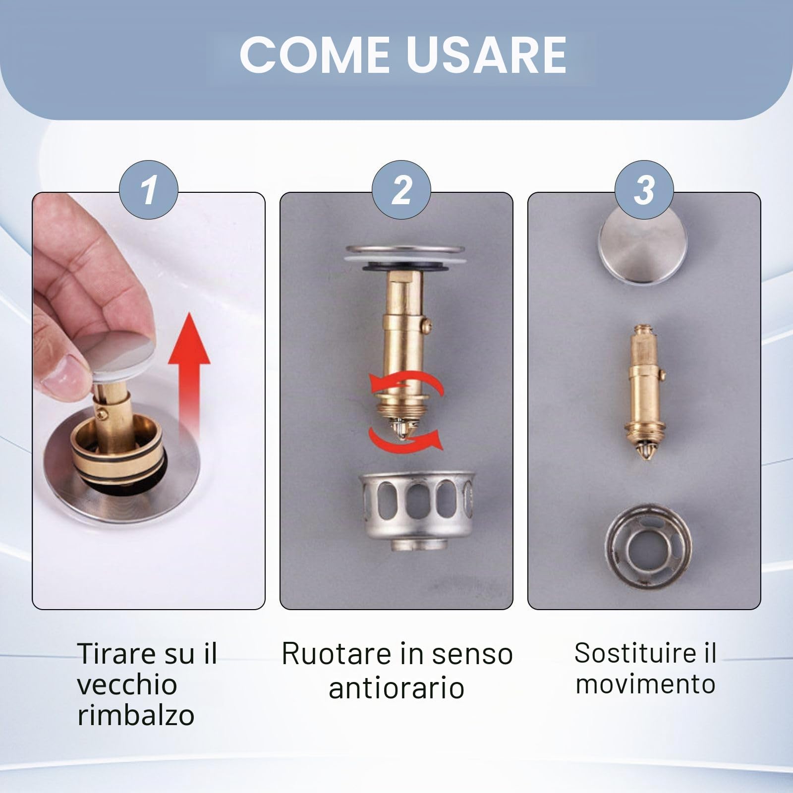3 Pezzi Accessori per Lavelli Bullone, Valvole di Scarico Pop-Up Lavabi Click Clack Piletta Sostituzione Meccanismo, in Ottone, per la Maggior Parte dei Lavandini, Tappo di Scarico del Bacino