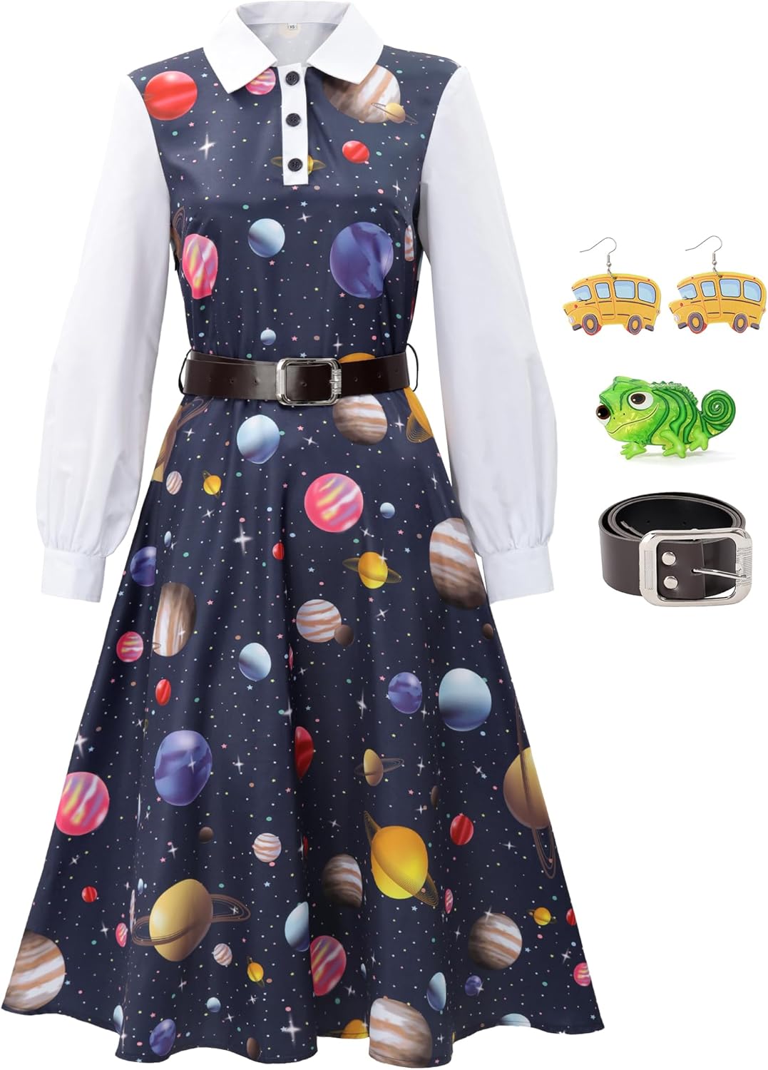 C-ZOFEK Halloween Teacher Cosplay Costume Magic Space Planet Dress Women Doll Collar Long Sleeves Bus Earrings Full Outfits