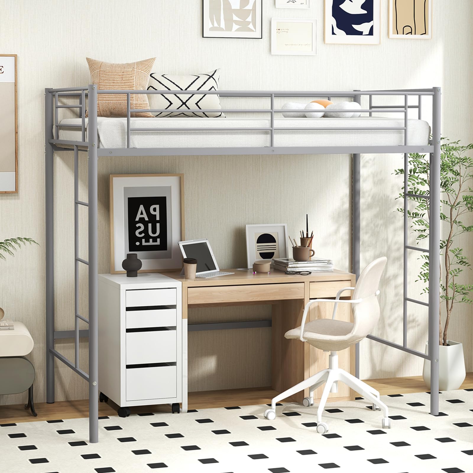 COSTWAY Metal Bunk Bed, 2 Ladders Loft Bed Frame with Safety Guardrail, Home Bedroom Furniture Space-Saving Single High Sleeper for Kids, Teens and Adults (Silver, 196 x 98 x 184cm)