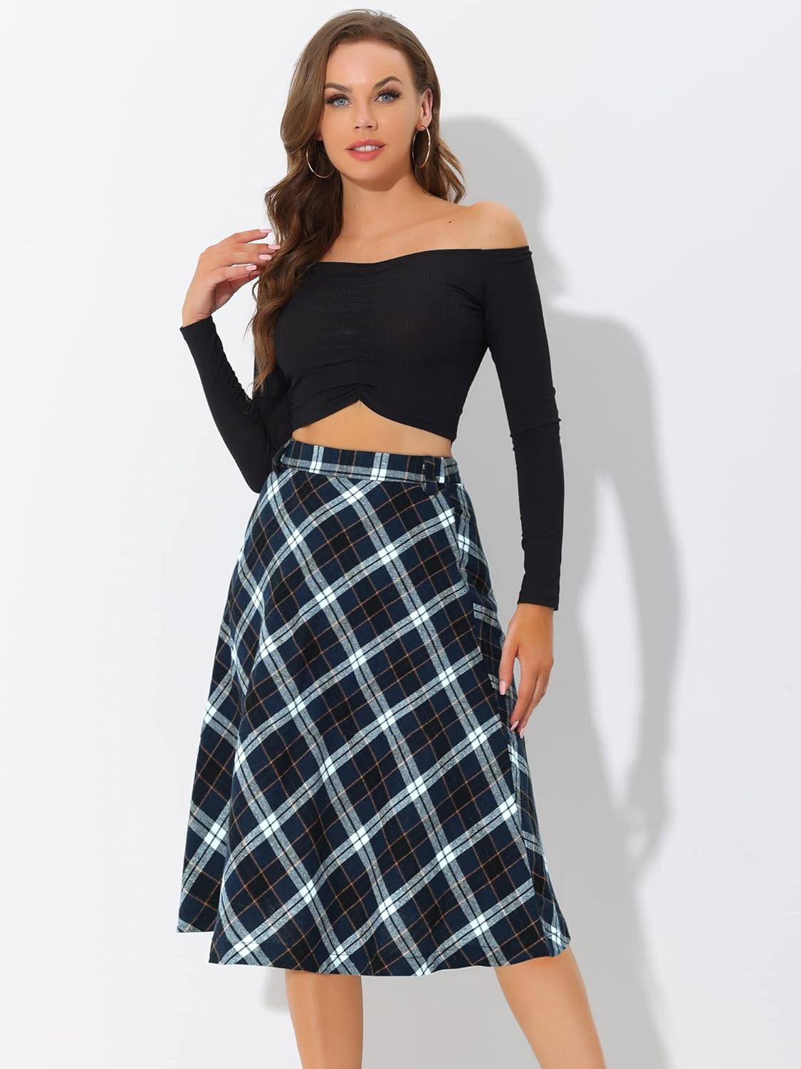Allegra K Women's Plaid Tartan High Waist Belted Vintage A-Line Midi Skirt