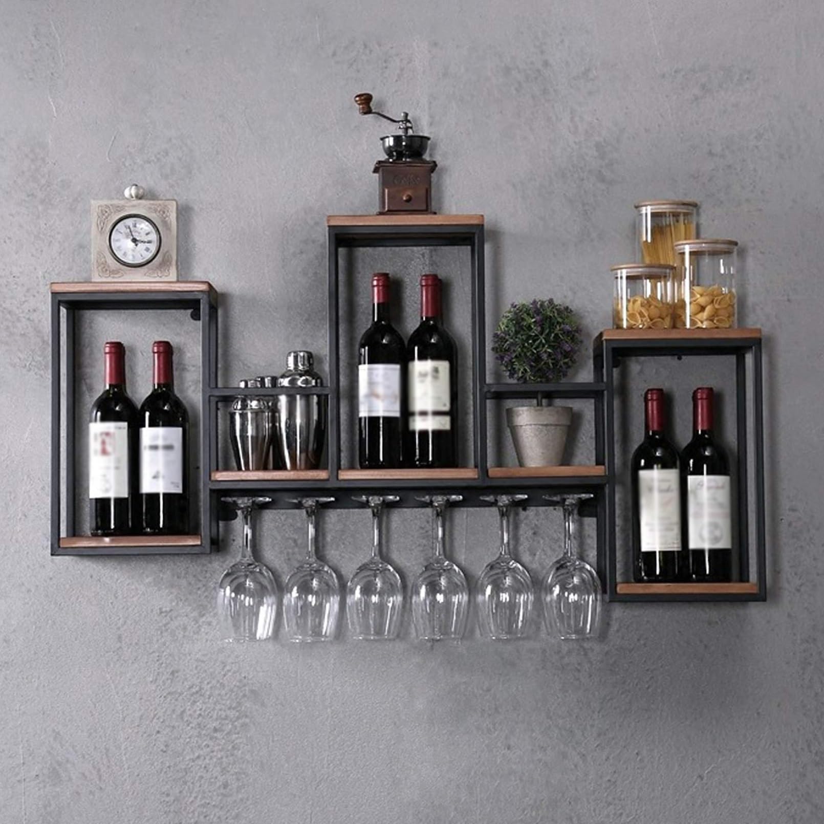 Casier à vin mural en métal avec support de verre à pied pour salon
