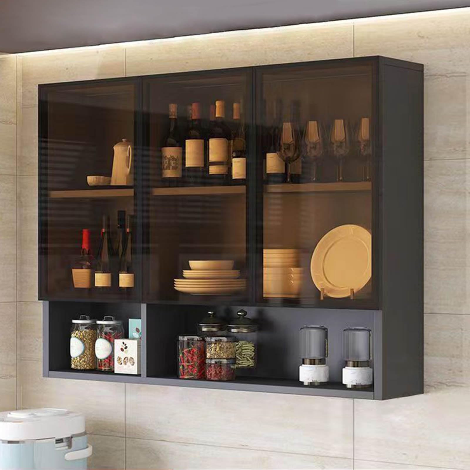 Armadietto da parete con ante in vetro, montaggio a parete in legno, vetrina sospesa a 3 ripiani per bagno, cucina, sala da pranzo (139,7 x 30,5 x 78,7 cm (lunghezza x larghezza x altezza)