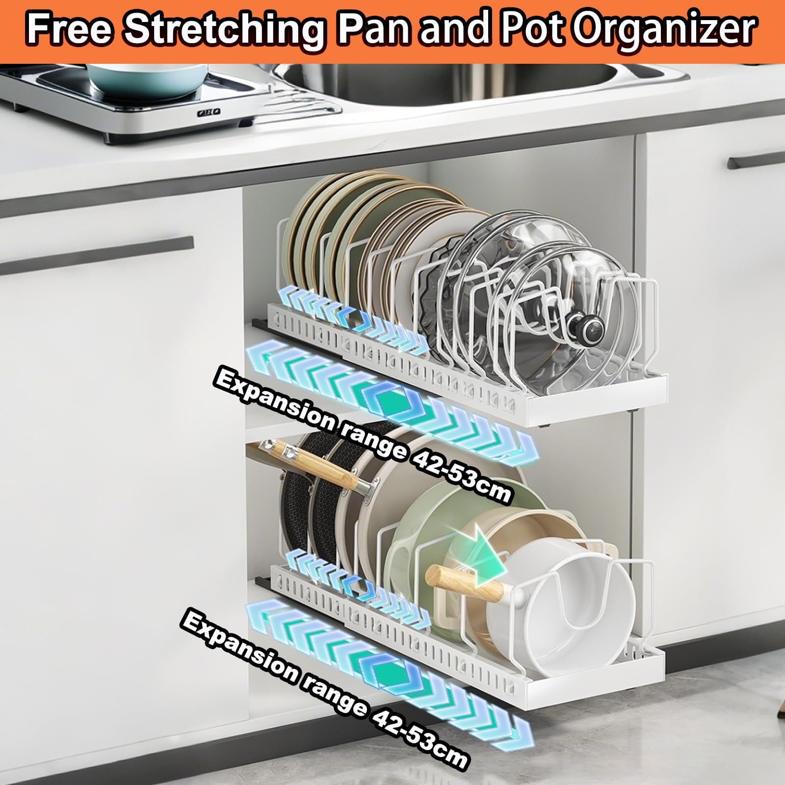iFCOW Pull Out Pots and Pans Organizer for Under Cabinet, 2 Pack Sliding Lid Holder Organizer for Kitchen Cabinet Expandable Pull Out Pan Rack with 8 Adjustable Dividers No Drill Installation
