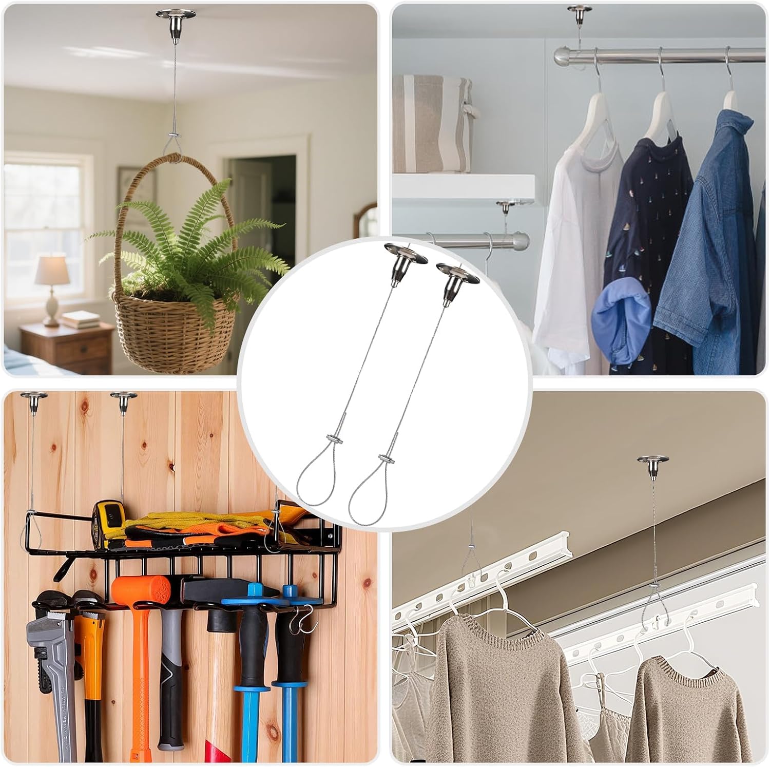 Closet Rod Support, 2PCS Ceiling Mount Curtain Rod Brackets, Adjustable 78.7” 304 Stainless Steel Ceiling Support for Closet Rod or Shower Curtain Rod, Heavy Duty Pipe Bracket (No Screws Included）