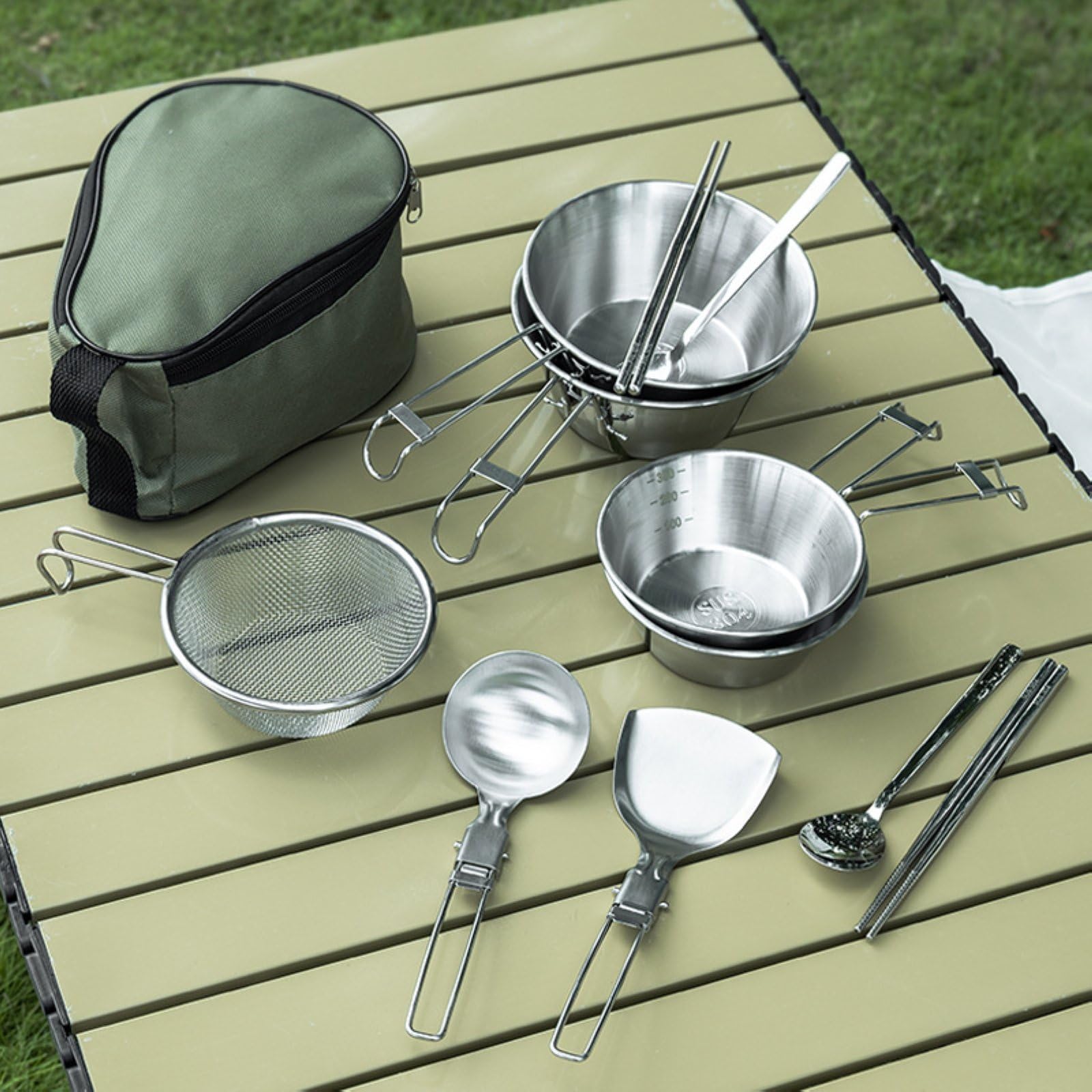 Zestaw Naczyń Kempingowych Ze Stali Nierdzewnej z Miskami, Sitkiem, SzpatułKą, łYżką, PałEczkami I Torbą Do Przechowywania na Piknik Turystyczny