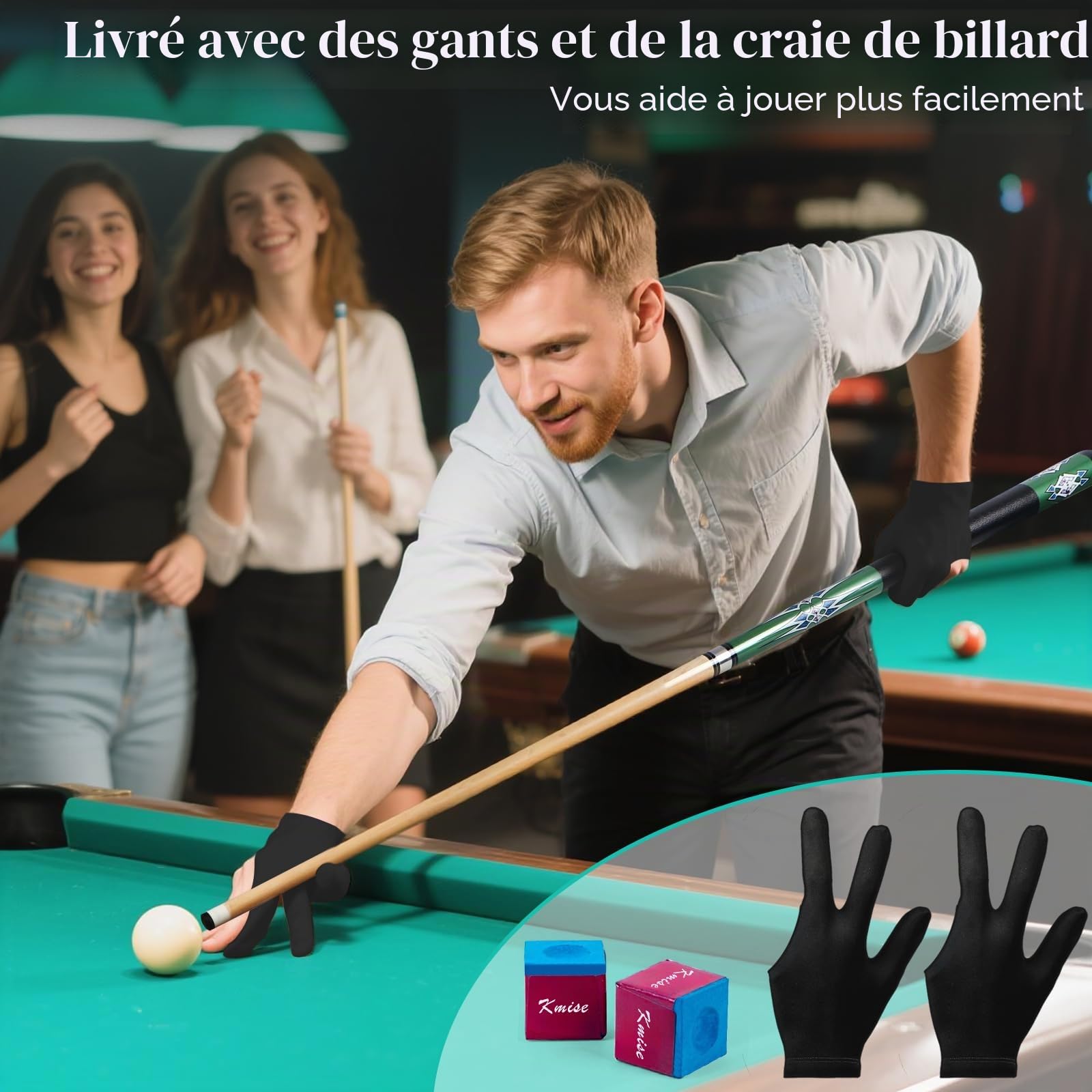 Kmise Queue de Billard Professionnelle en érable Canadien, 147 cm, poignée améliorée, 4 Couleurs optionnelles, livrée avec Craie et Gants