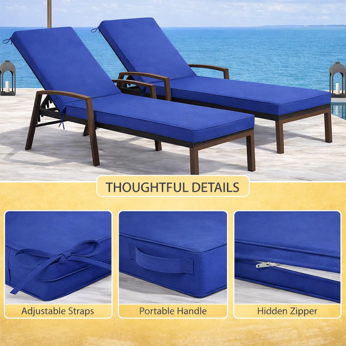 Genérico Cojín para Tumbona Exterior de Poliéster Impermeable, Colchoneta para Tumbona con Espuma 50D, 6 Cintas y Funda Extraíble, para Jardín, Terraza, Patio, Balcón y Piscina,Light Gray,183x53x6cm