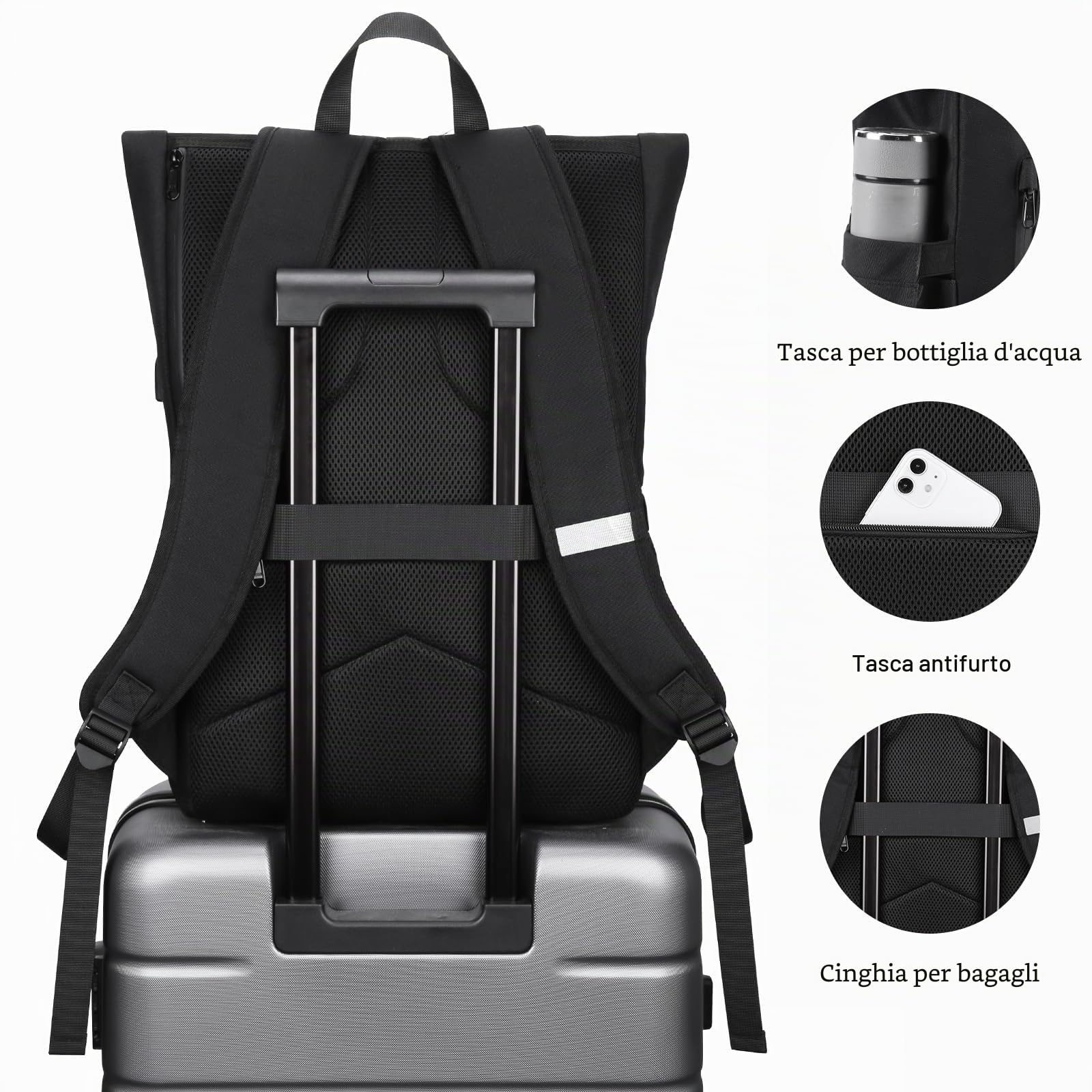 HOMIEE Zaino Rolltop Uomo Donna Zaino Porta PC 17,3 Pollici Zaino da Viaggio Espandibile 24-30L Zaini Uomo Lavoro Impermeabile Zaino Arrotolabile Antifurto con Porta di Ricarica USB