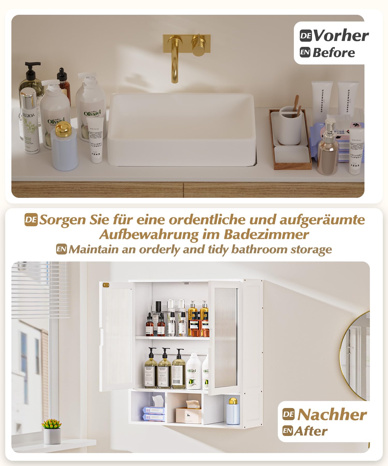YORBAY Armario de Baño Pared con 2 Puerta Magnética Transparente y Compartimento Abierto, Armario Botiquín de Bambú para Baño, Alacena de Colgar Que Ahorra Espacio, 22 x 59 x 66 cm (Blanco)