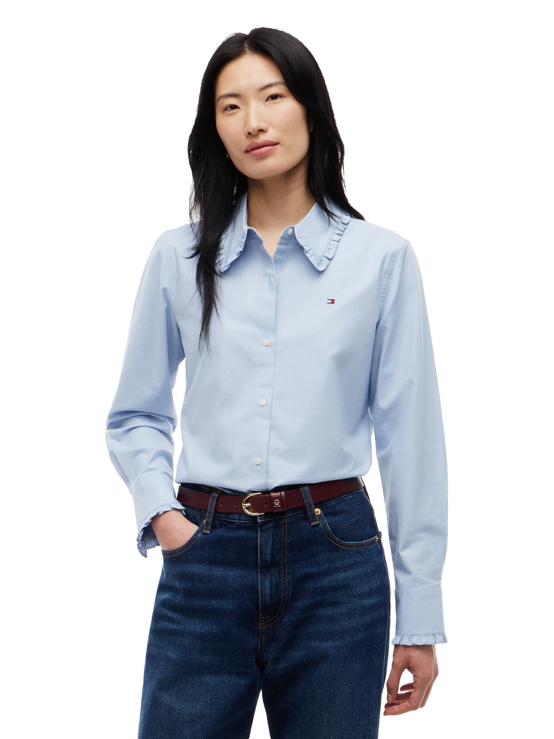 Women's Long Sleeve Cropped Cotton Oxford Shirts with Stretch