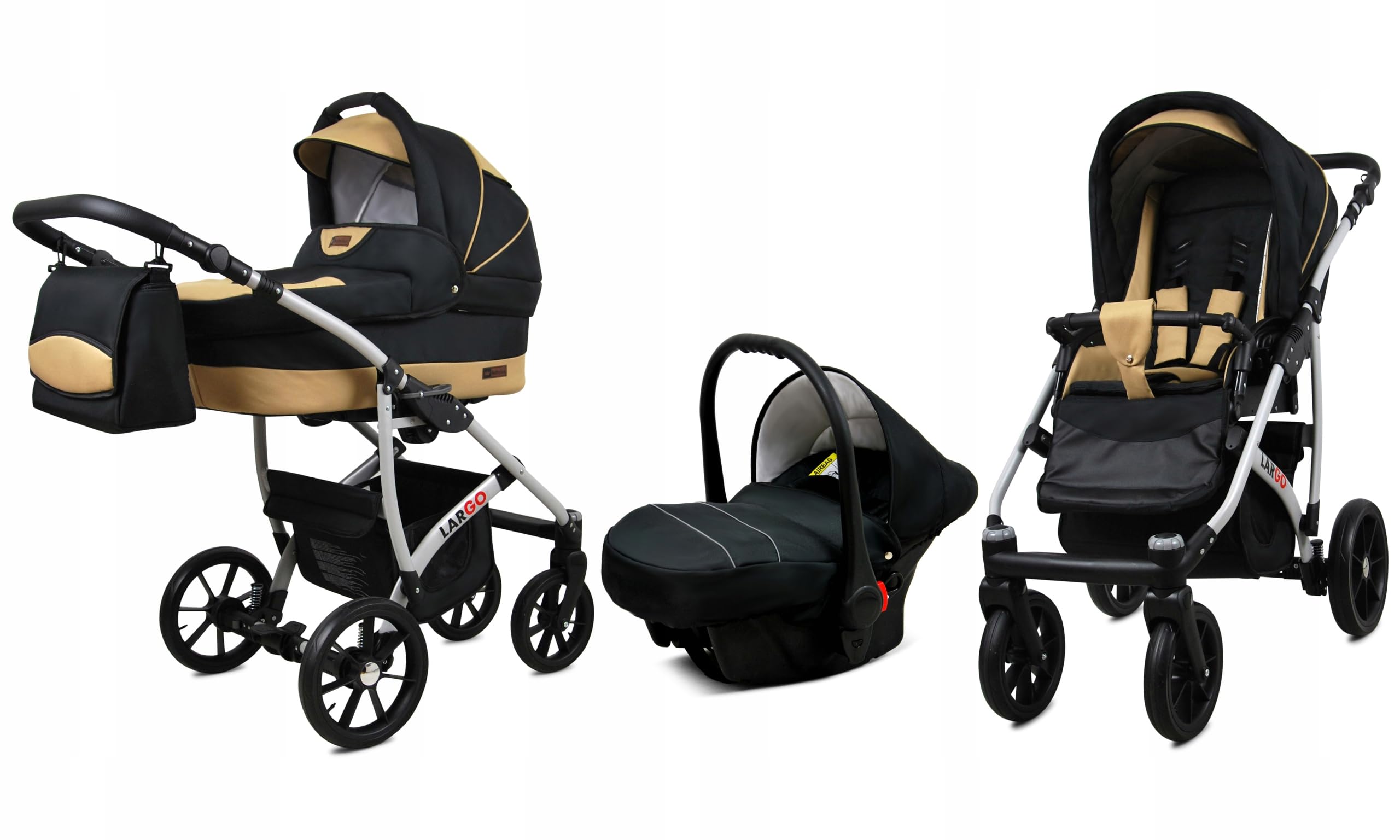 BabyLux Zestaw wózków dziecięcych 3 w 1 – Largo – w zestawie wanienka dla niemowląt, fotelik sportowy, fotelik samochodowy – zestaw wózków dziecięcych z torbą do przewijania, osłoną przeciwdeszczową