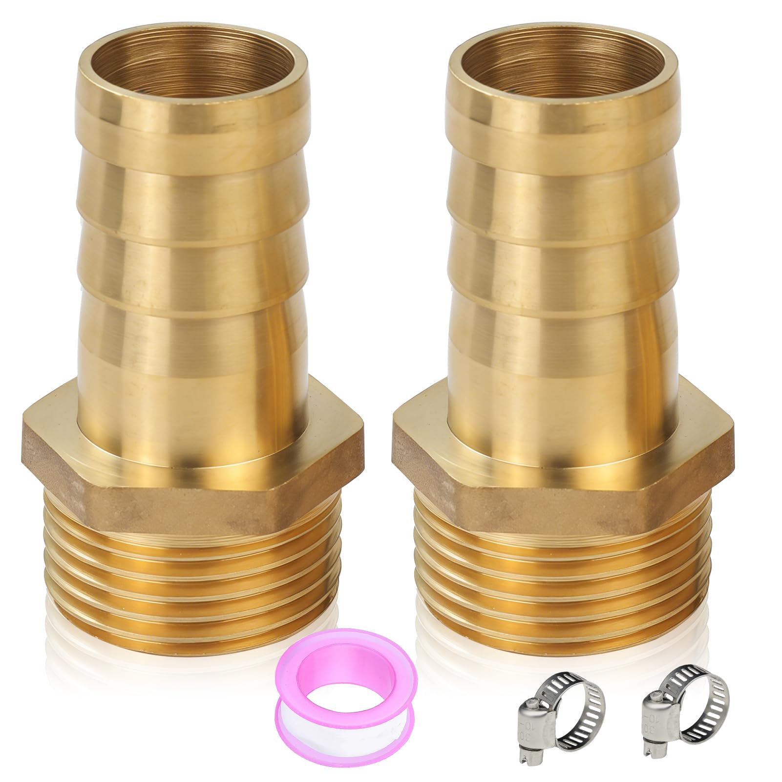Lot de 2 douilles de tuyau G1 1/4" en laiton, 1 1/4" AG x 38 mm, filetage extérieur avec 2 colliers de serrage, adaptateur pour tuyau d'arrosage
