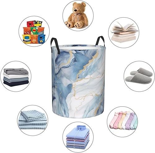 Miniatura 6 de Cesta circular con estampado de mármol blanco y azul, impermeable, cesta organizadora de lavandería, con asas para ropa, juguetes, tamaño mediano