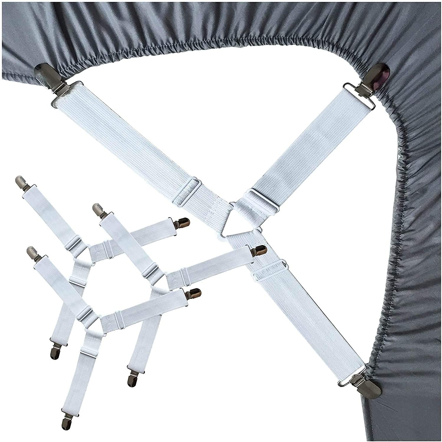 Bed Sheet Holder Straps | Adjustable Bed Sheet Fastener and 3 Way Mattress Cover Holder Fasteners | The Triangle Bed Sheet Keeper with Heavy Duty Grippers Clips Black Triangle (4pc/Set) (White)-image-32