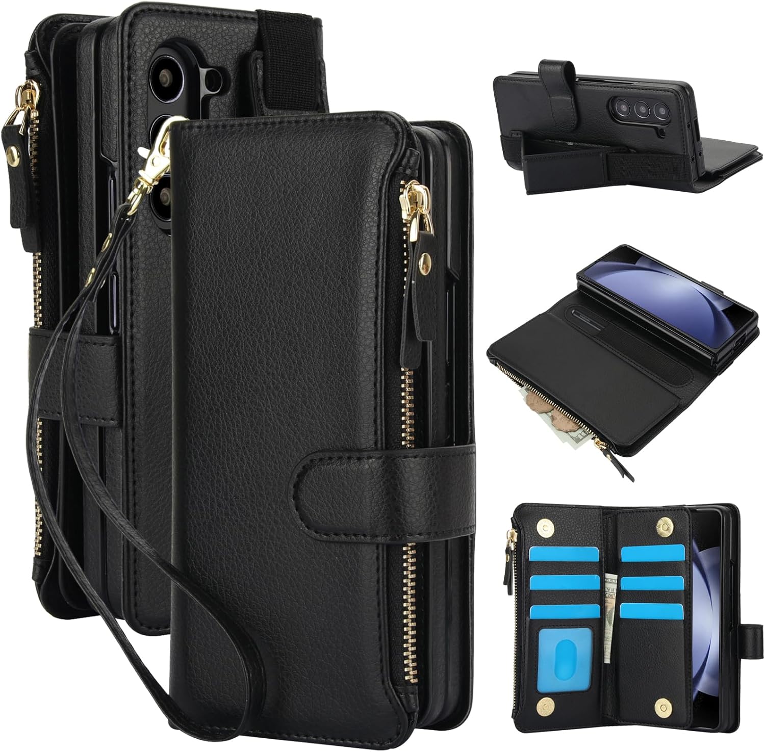 for Samsung Galaxy Z Fold 7 Wallet Case with Card Holder and Cash Slot Zipper Pocket Wristband RFID Blocking Stylish Cover S Pen Holder Magnetic Clasp Stand, Black