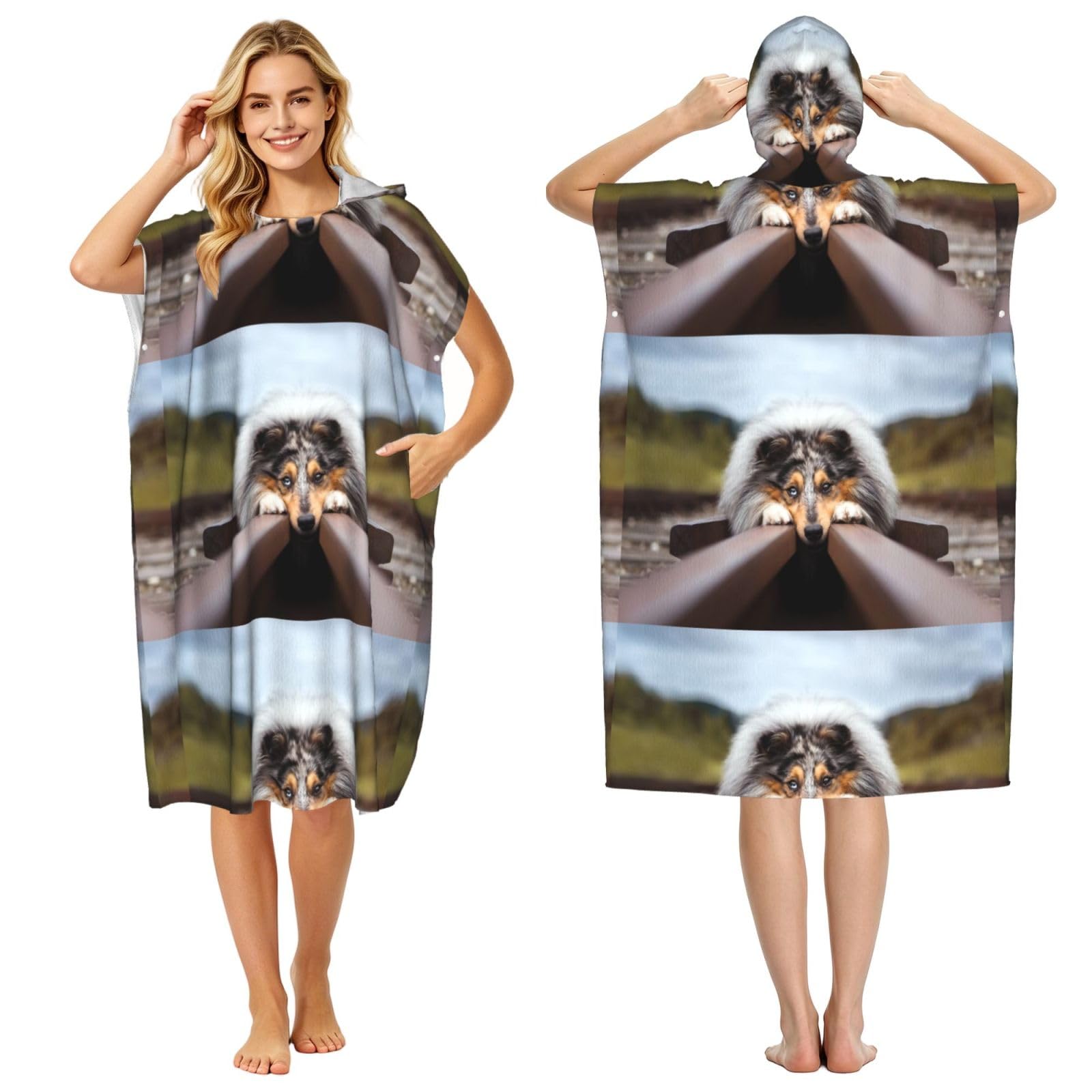 Poadnly Rough Collie Bokeh Railway Dogs Pets Rough, Adult Hooded Beach Towel 90 x 110 cm,Changing Bath Robe, Surf Poncho Towel For Women Men