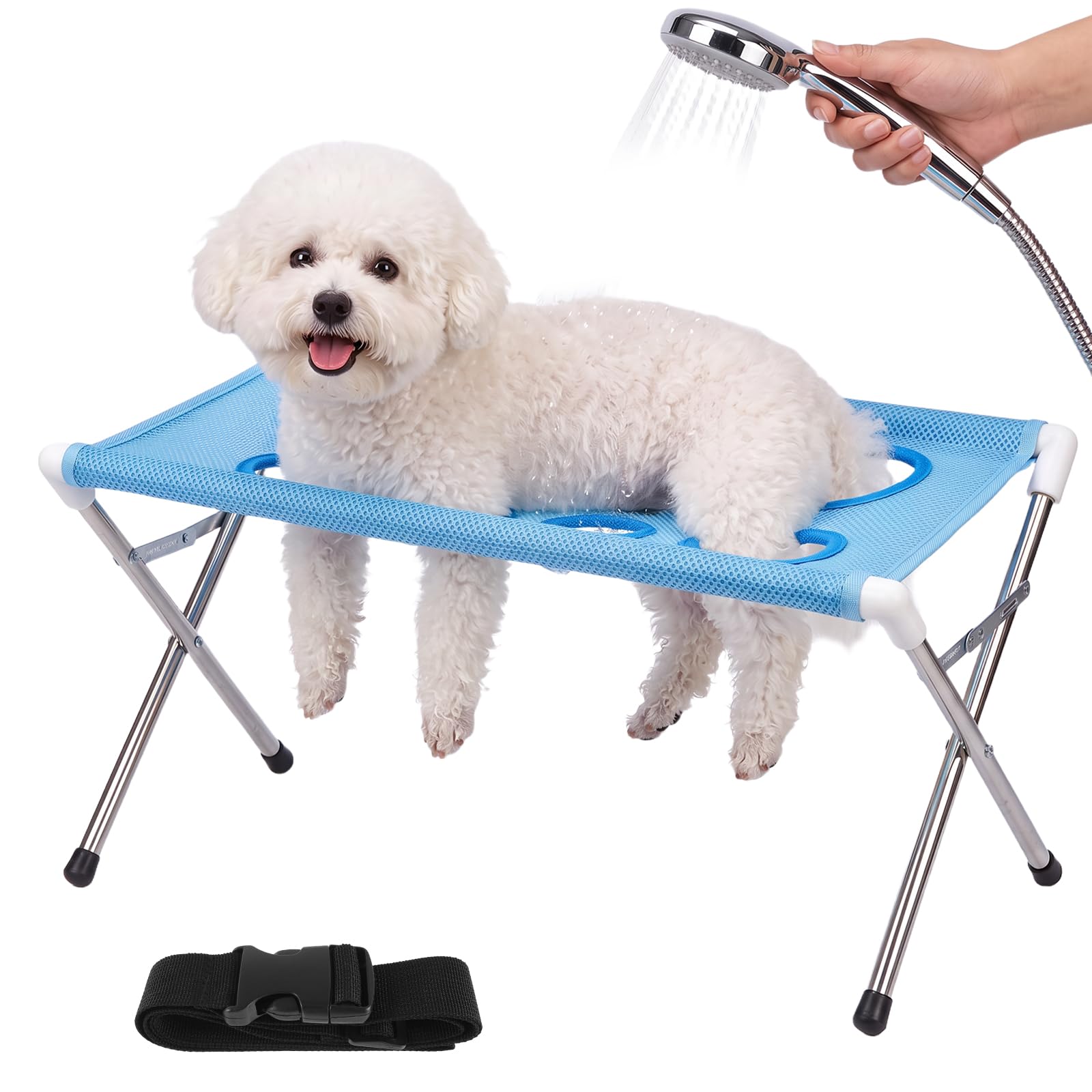 Kuanght Pet Grooming Hammock, Pet Bath Stool with Foldable Stand Blue