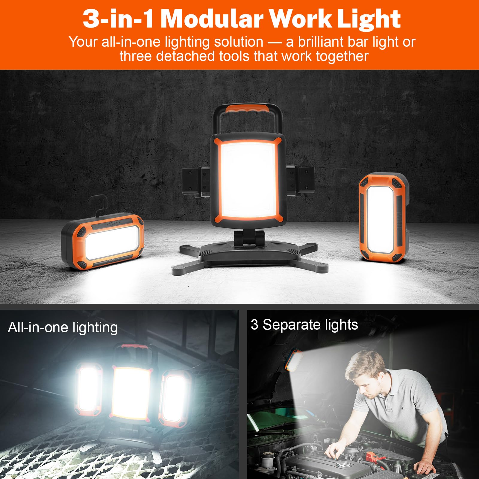 Tresda 3-in-1 Modular Rechargeable Work Light, 50W 5000LM Portable