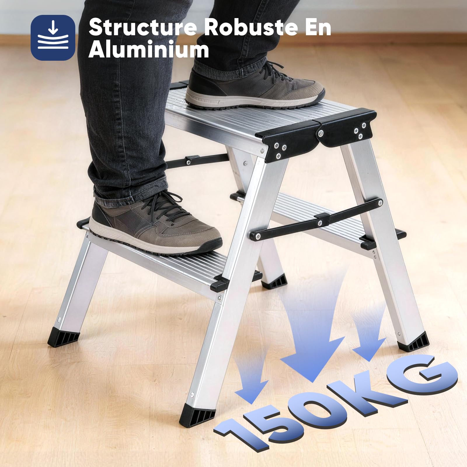 Sekey Escabeau 2 Marches Pliable en Aluminium, Marchepied Escamotable à Double accès, Marches Antidérapantes, Usage Domestique & Maison, Certifié TÜV SGS EN131 EN14183, Charge Jusqu’à 150 kg
