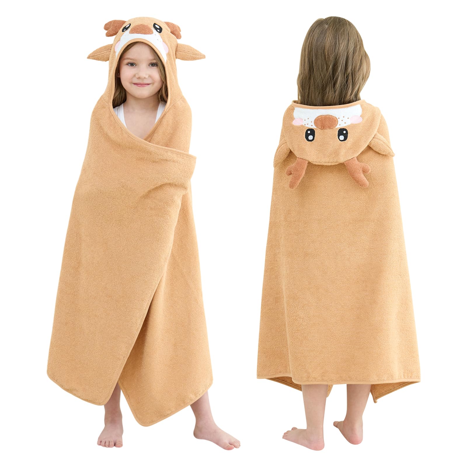 Style Quarters Brown Elk Hooded Towel for Kids – Soft, Absorbent Cotton, Embroidered Baby Bath Towel, Cozy, Lightweight – Ideal for Toddlers &amp; Children(50"x30")