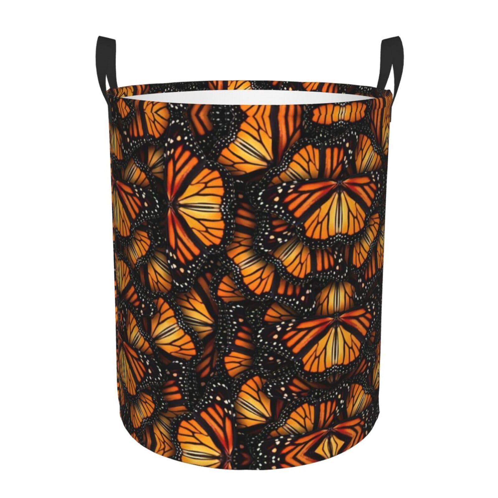 M Collapsible Round Heaps of Orange Monarch Butterflies Print Laundry Hamper